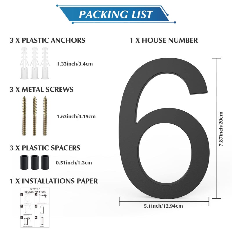 DEWEL 8 inch Floating Large House Numbers for Outside  Black Modern House Address Numbers Decor for 911 Visibility Signage with Nail Kits (House Number 6) - Image 3